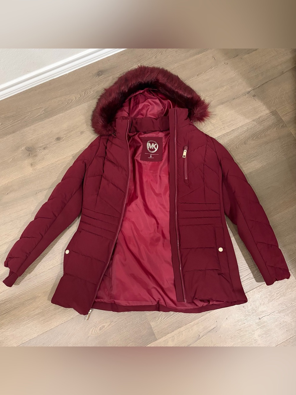 Michael Kors Deep Red Quilted Puffer Jacket with Faux Fur Trim